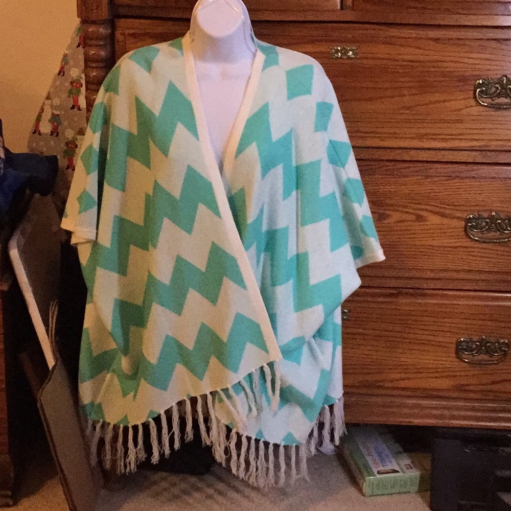 Teal and White Poncho with arm holes